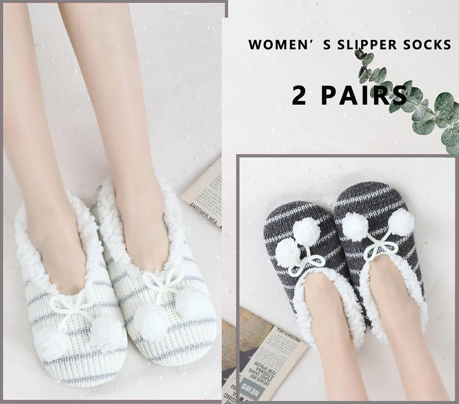 Panda Bros 2 Pairs Slipper Socks For Women With Grippers, Fuzzy Womens Slipper Socks With Non Slip Bottoms, Cozy Warm House Slippers