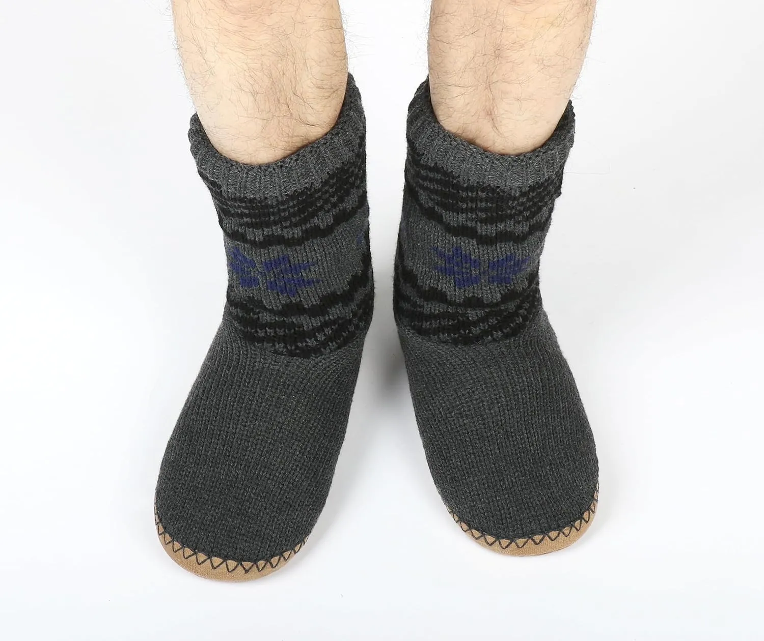 Panda Bros Cozy Boot Slippers for Men Indoor, Fuzzy House Shoes with Non Slip Gripper Soles, Winter Knitted Non-Skid Home Warm Floor Socks