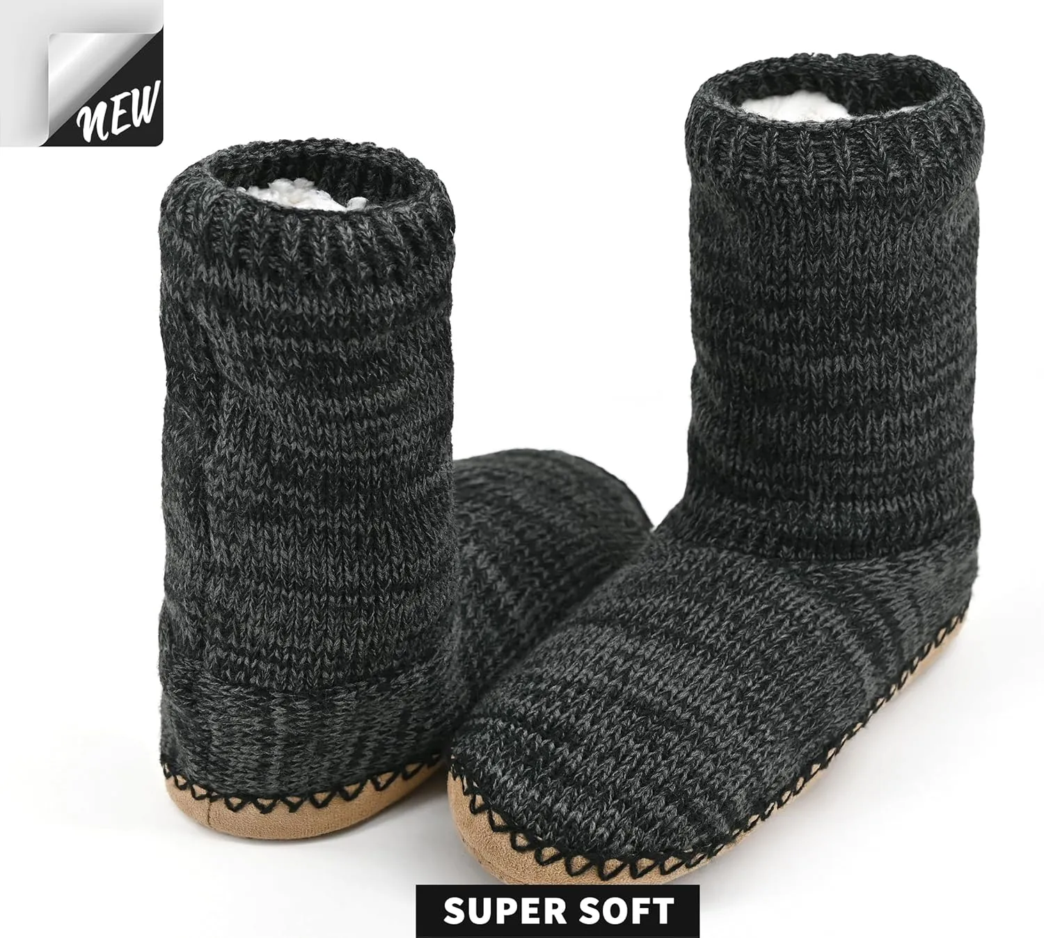 Panda Bros Cozy Boot Slippers for Men Indoor, Fuzzy House Shoes with Non Slip Gripper Soles, Winter Knitted Non-Skid Home Warm Floor Socks