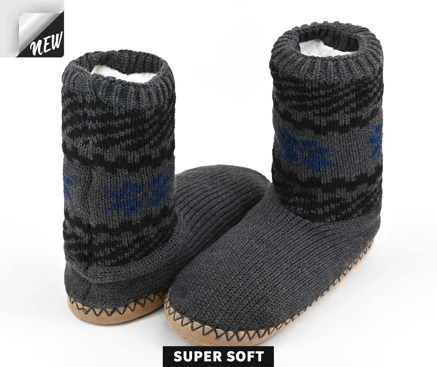 Panda Bros Cozy Boot Slippers for Men Indoor, Fuzzy House Shoes with Non Slip Gripper Soles, Winter Knitted Non-Skid Home Warm Floor Socks