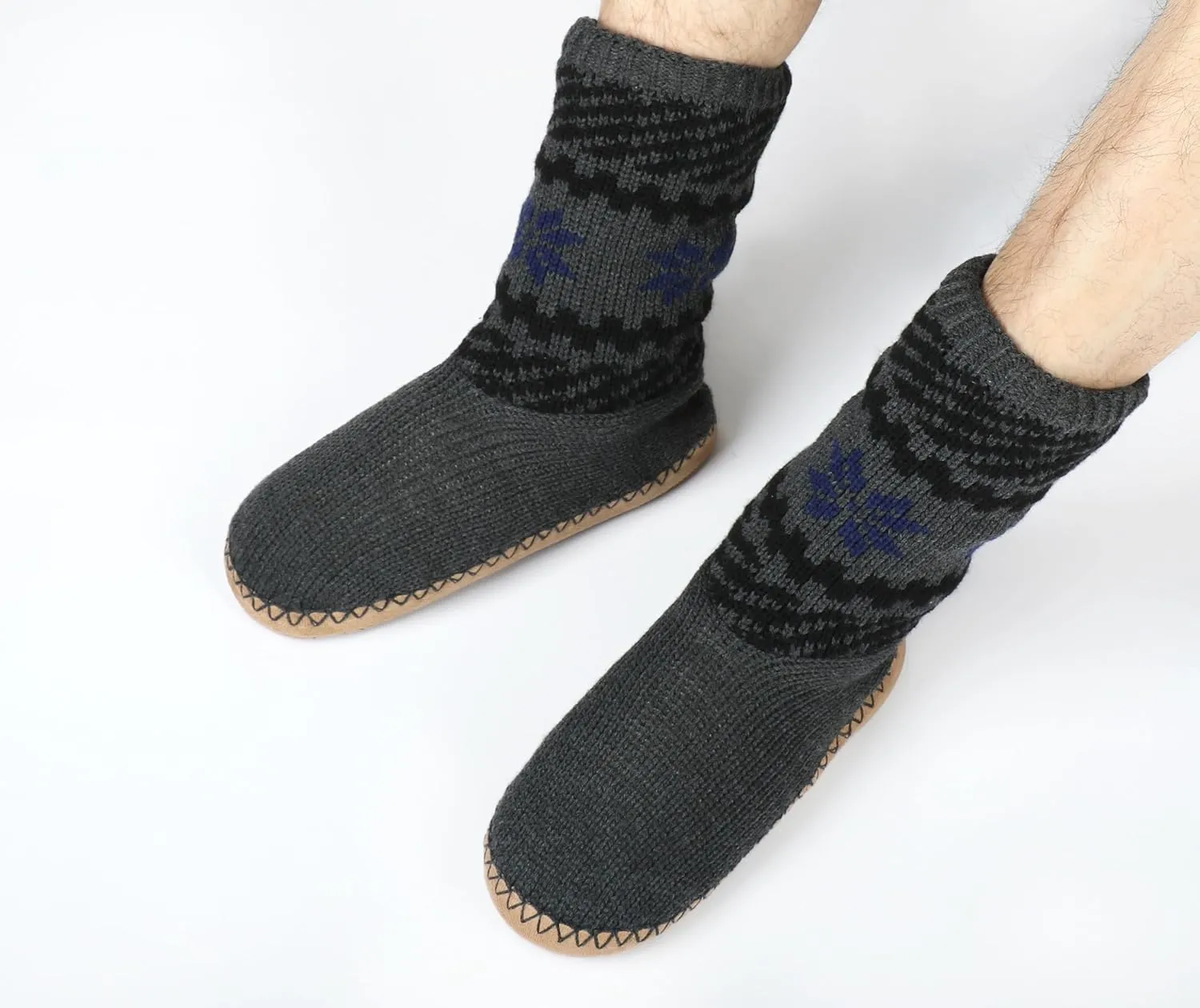 Panda Bros Cozy Boot Slippers for Men Indoor, Fuzzy House Shoes with Non Slip Gripper Soles, Winter Knitted Non-Skid Home Warm Floor Socks