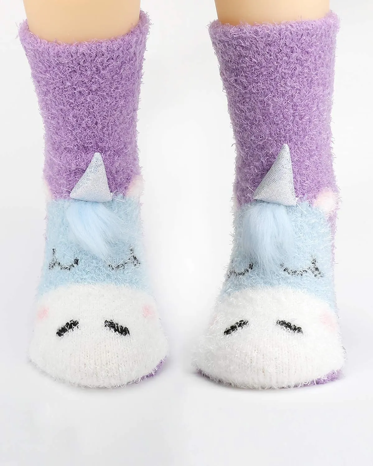 Panda Bros Girls Warm Fuzzy Fluffy Socks, Non Skid Slipper Socks for Kids, 3 Pairs