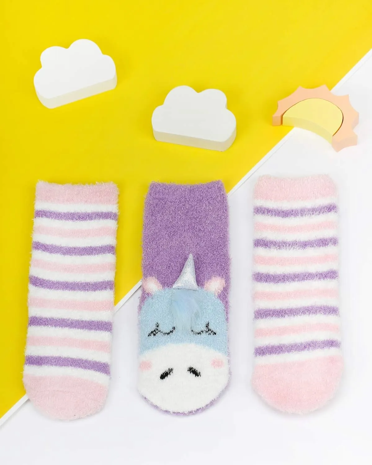 Panda Bros Girls Warm Fuzzy Fluffy Socks, Non Skid Slipper Socks for Kids, 3 Pairs