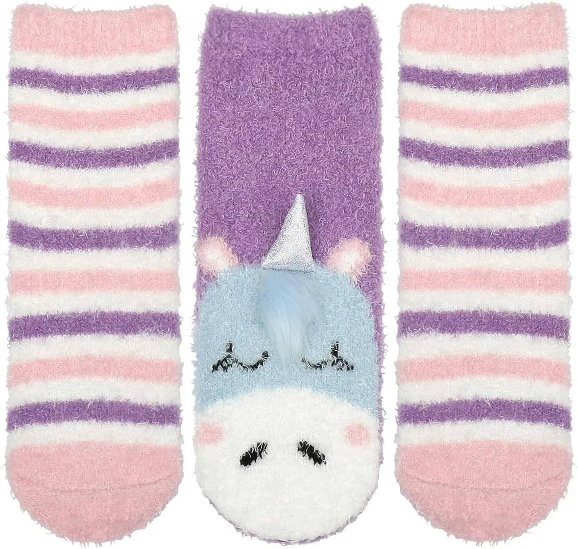 Panda Bros Girls Warm Fuzzy Fluffy Socks, Non Skid Slipper Socks for Kids, 3 Pairs