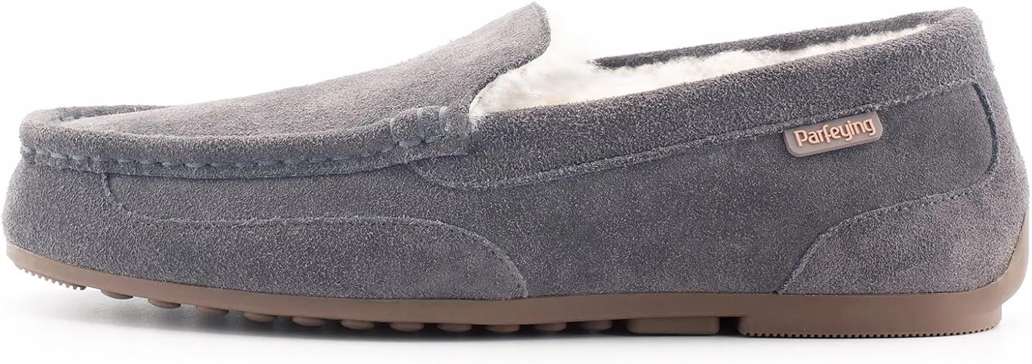Parfeying Men's Indoor Outdoor Sheepskin Moccasins Slippers Memory Foam Driving Style Shoes