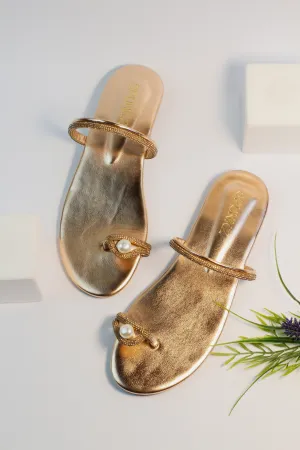 Parisa Golden Shiny Diamond Pearl Flats-11012