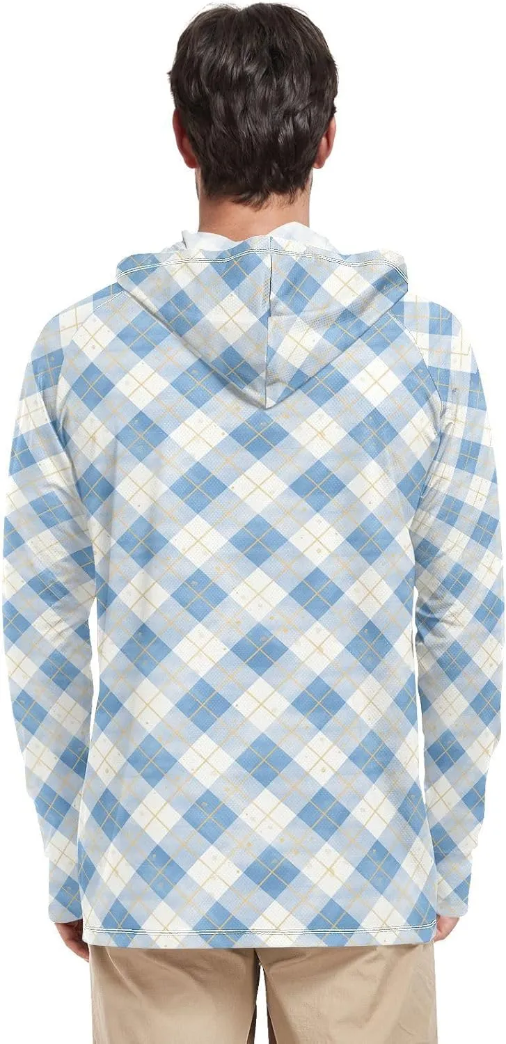 Periwinkle Gingham Plaid Mens Hoodie Sun Protection Long Sleeve UPF 50   Mens Sun Shirts Swim Shirt UV Hooded Rash Guard