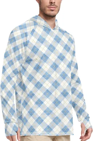 Periwinkle Gingham Plaid Mens Hoodie Sun Protection Long Sleeve UPF 50   Mens Sun Shirts Swim Shirt UV Hooded Rash Guard