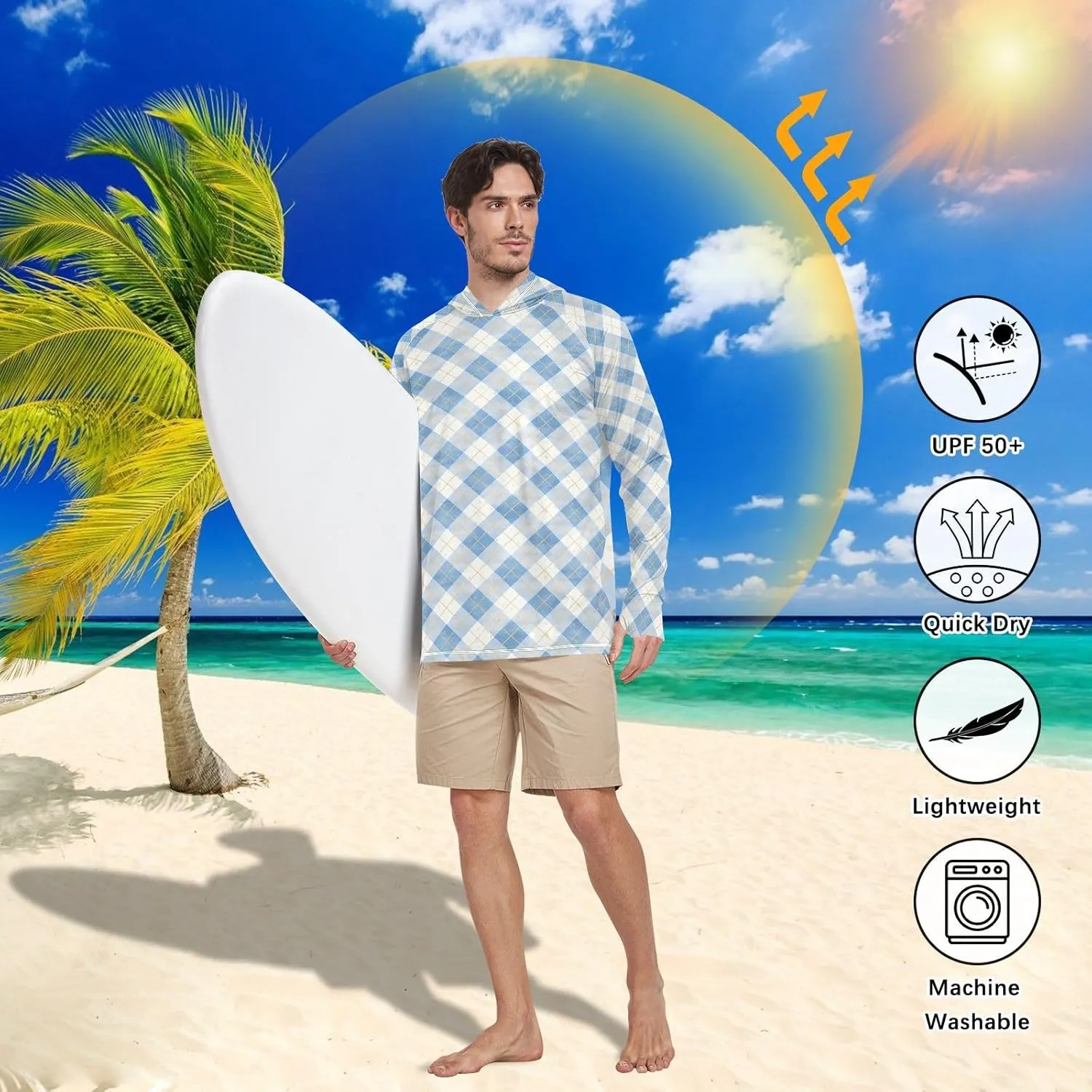 Periwinkle Gingham Plaid Mens Hoodie Sun Protection Long Sleeve UPF 50   Mens Sun Shirts Swim Shirt UV Hooded Rash Guard