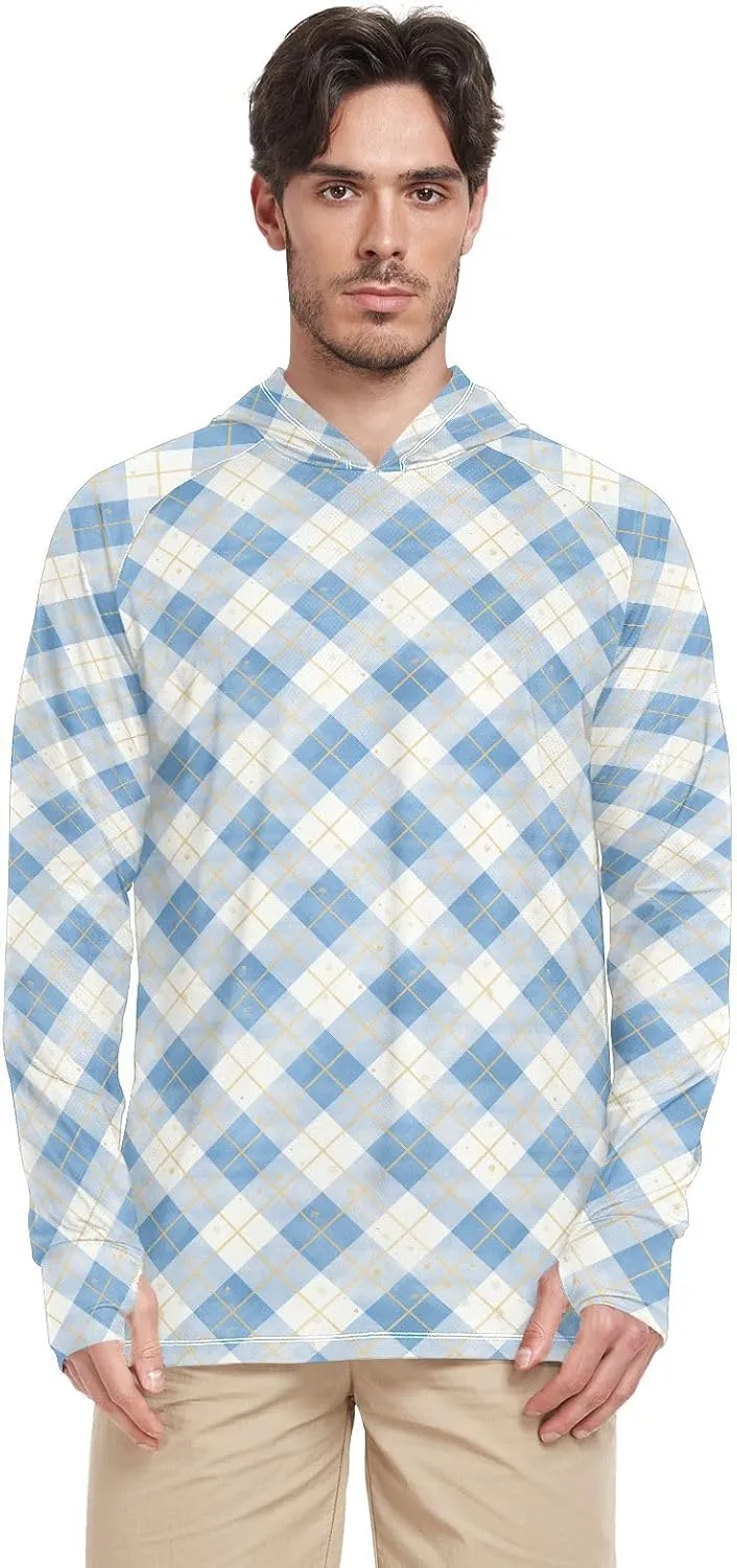 Periwinkle Gingham Plaid Mens Hoodie Sun Protection Long Sleeve UPF 50   Mens Sun Shirts Swim Shirt UV Hooded Rash Guard