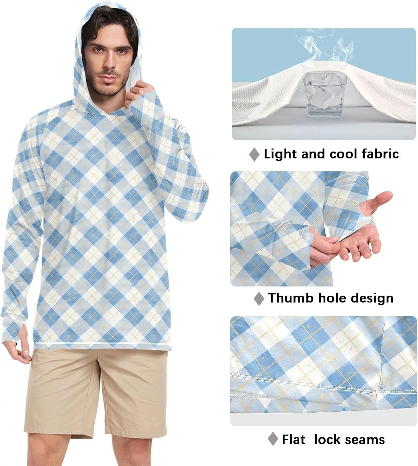 Periwinkle Gingham Plaid Mens Hoodie Sun Protection Long Sleeve UPF 50   Mens Sun Shirts Swim Shirt UV Hooded Rash Guard