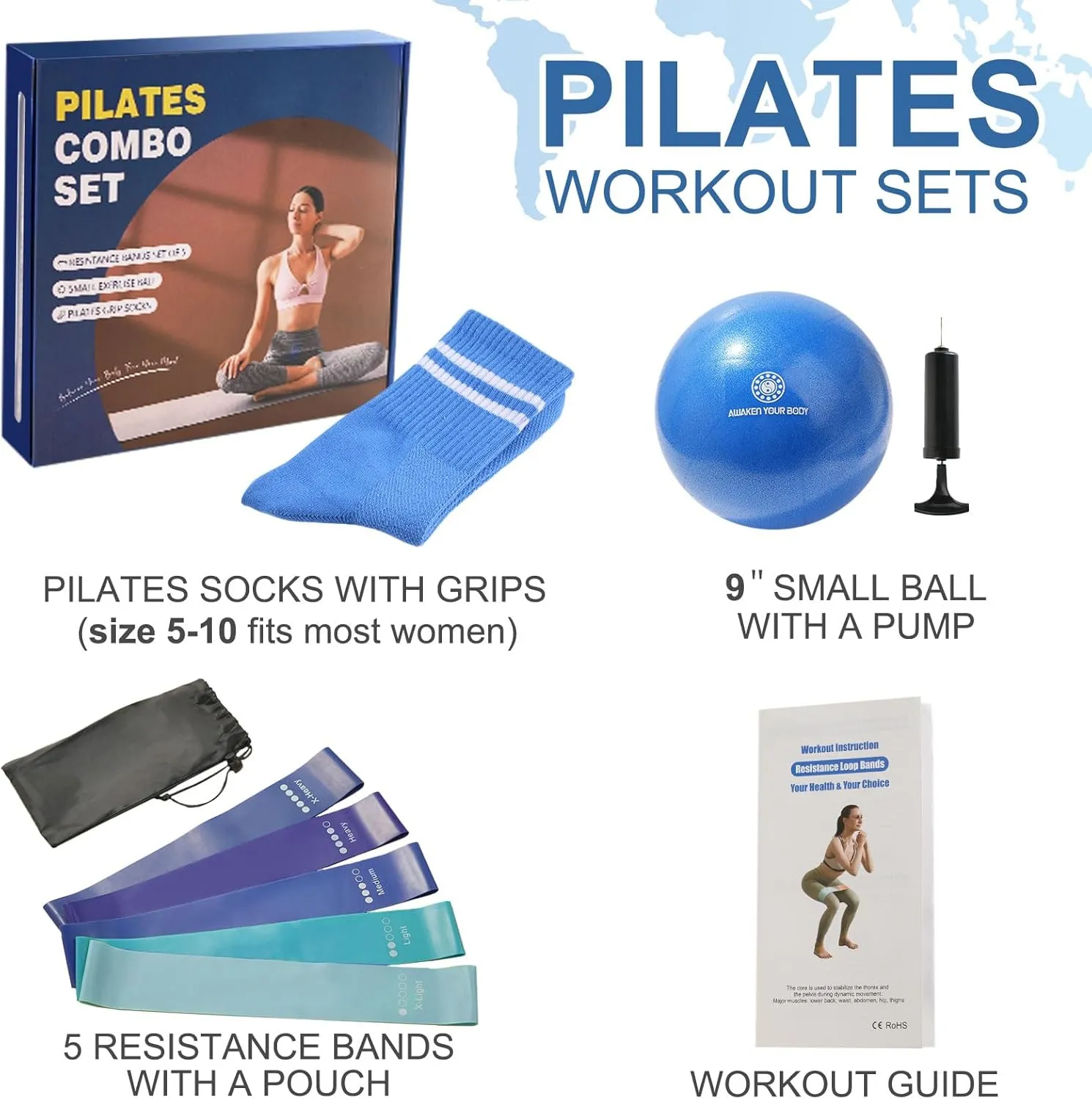 Pilates Ball Resistance Bands Pilates Socks Sets, Loop Exercise Bands 5 Levels, Small Pilates Ball 9 Inch, Non Slip Socks Grips Yoga Kit for Home Workouts