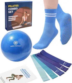 Pilates Ball Resistance Bands Pilates Socks Sets, Loop Exercise Bands 5 Levels, Small Pilates Ball 9 Inch, Non Slip Socks Grips Yoga Kit for Home Workouts