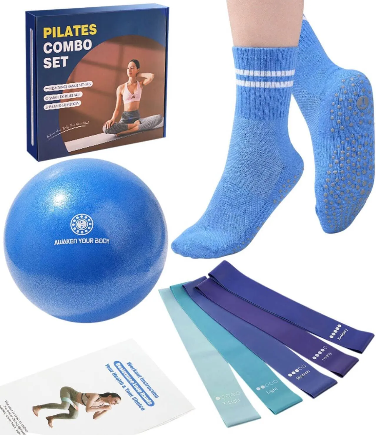 Pilates Ball Resistance Bands Pilates Socks Sets, Loop Exercise Bands 5 Levels, Small Pilates Ball 9 Inch, Non Slip Socks Grips Yoga Kit for Home Workouts