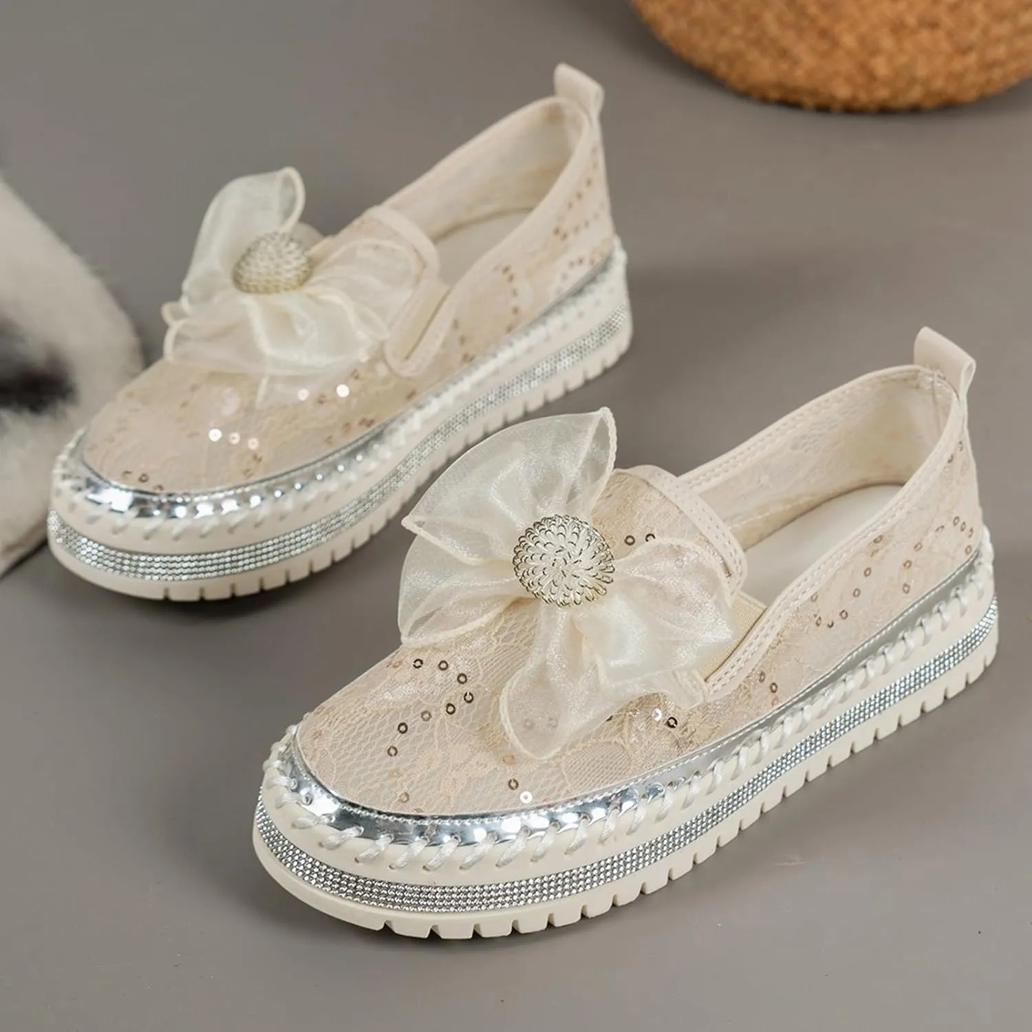 Platform Rhinestones Glitter Sneaker for Women Sparkle Slip On Comfort Sneaker Flat Loafer Casual Shoes