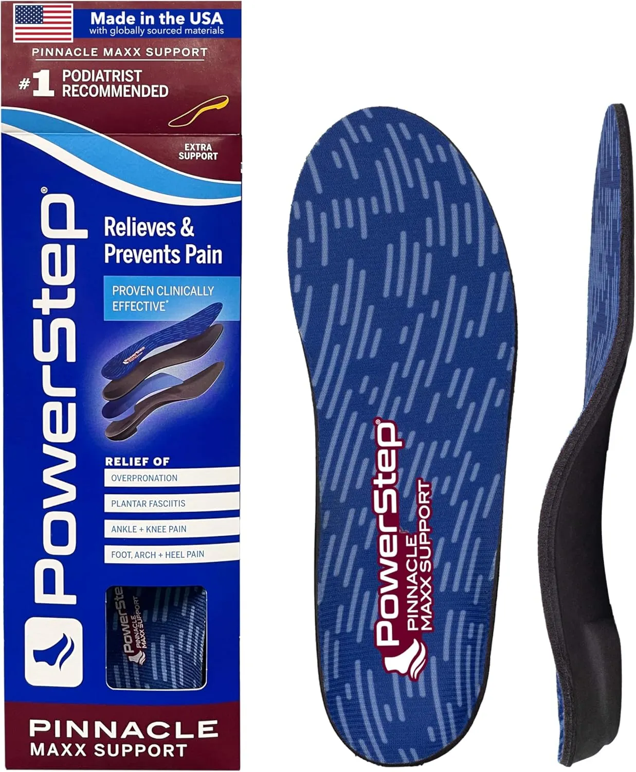 PowerStep Pinnacle Maxx Orthotic Insoles - for Maximum Stability & Comfort - Firm   Flexible Angled Heel Style to Help Flat Feet & Overpronation - Heavy Duty Inserts - Made in USA (M 10-10.5, F 12)