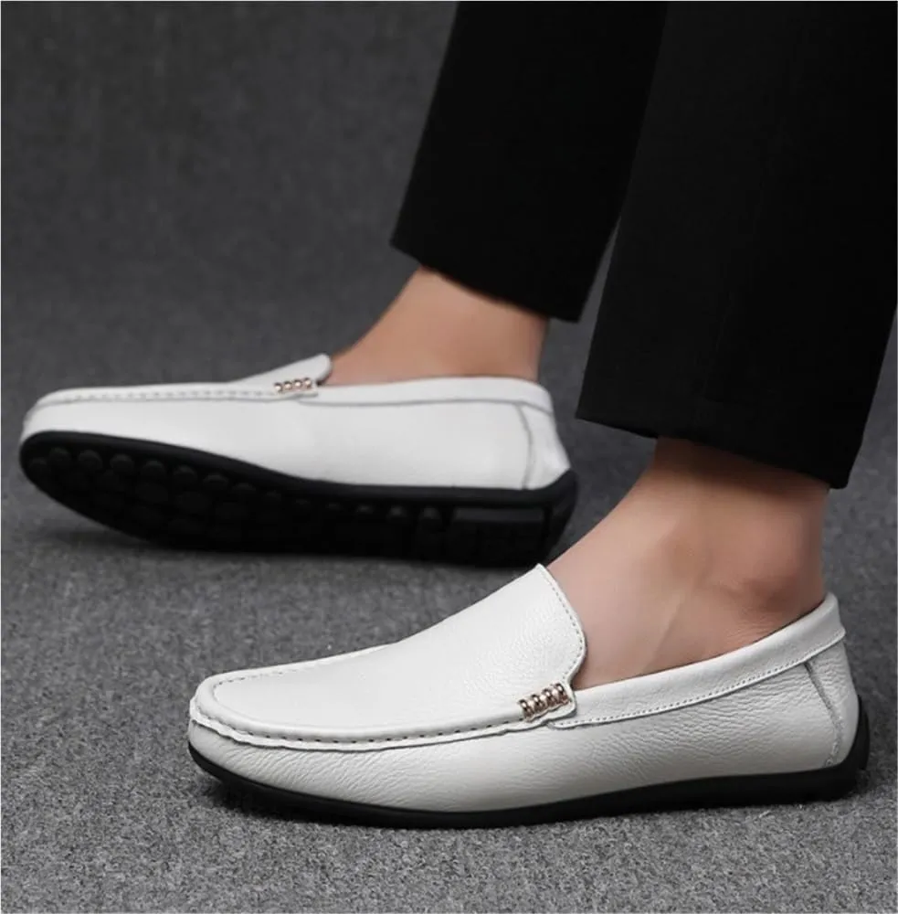 Prom Wedding Slip-on Mens Loafers Shoe Genuine Leather Stitching Details Round Toe Flat Heel Slip Resistant Comfortable