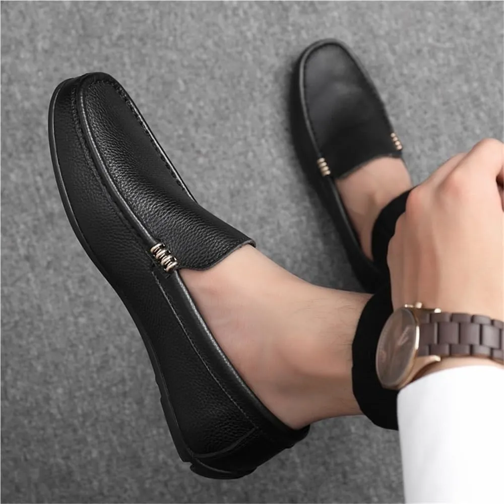 Prom Wedding Slip-on Mens Loafers Shoe Genuine Leather Stitching Details Round Toe Flat Heel Slip Resistant Comfortable