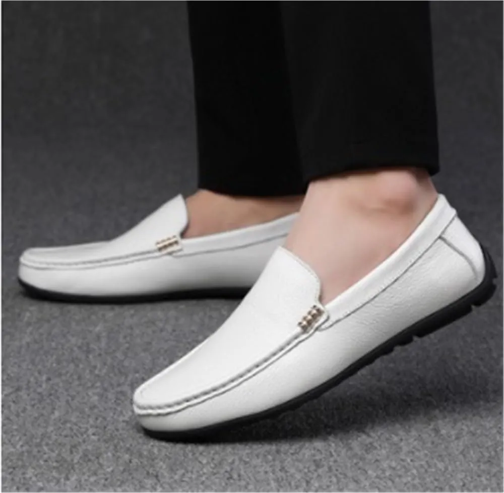 Prom Wedding Slip-on Mens Loafers Shoe Genuine Leather Stitching Details Round Toe Flat Heel Slip Resistant Comfortable
