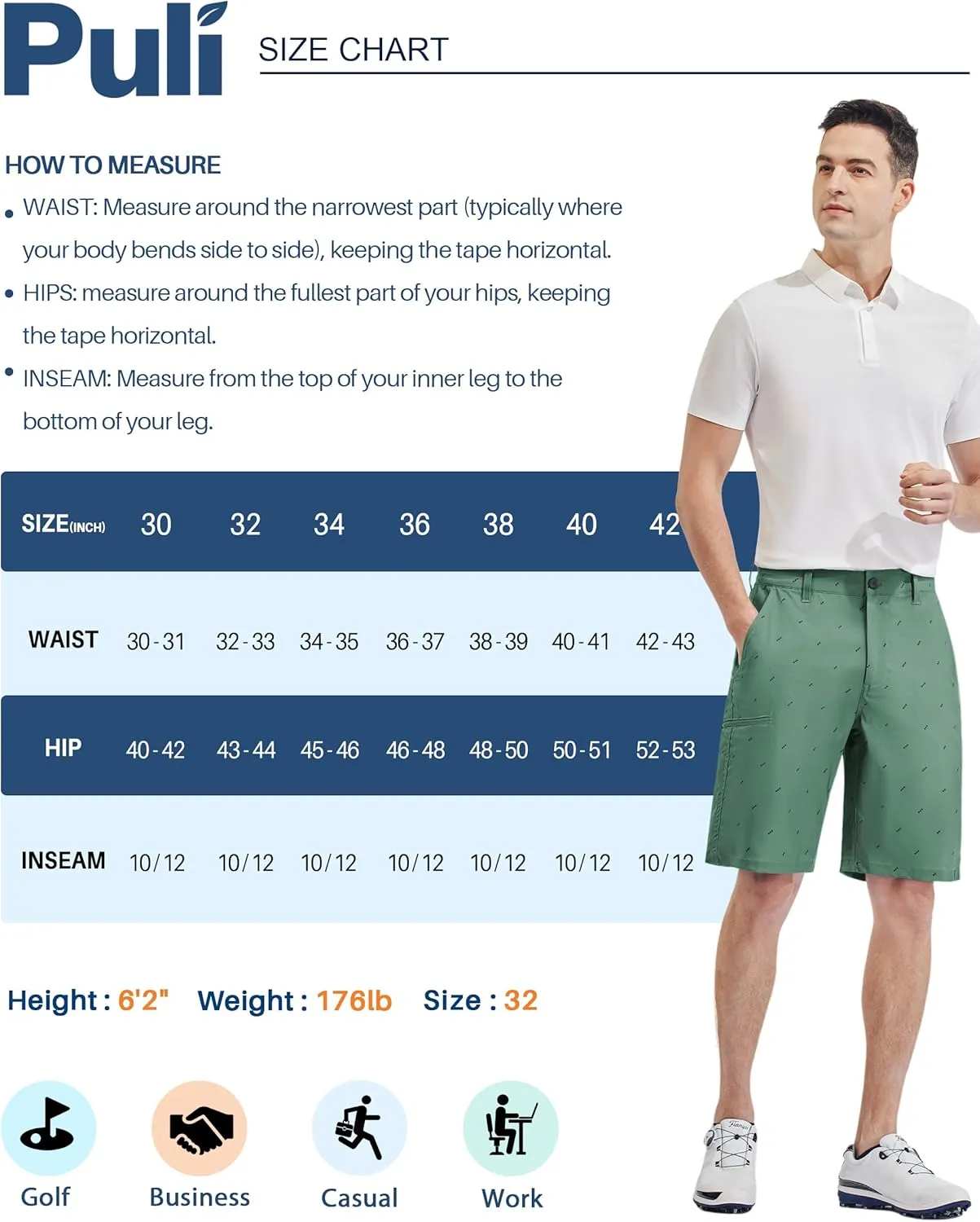 PULI Men's Golf Hybrid Dress Shorts Casual Summer Stretch Flat Front Lightweight Hiking Shorts Quick Dry with Pockets