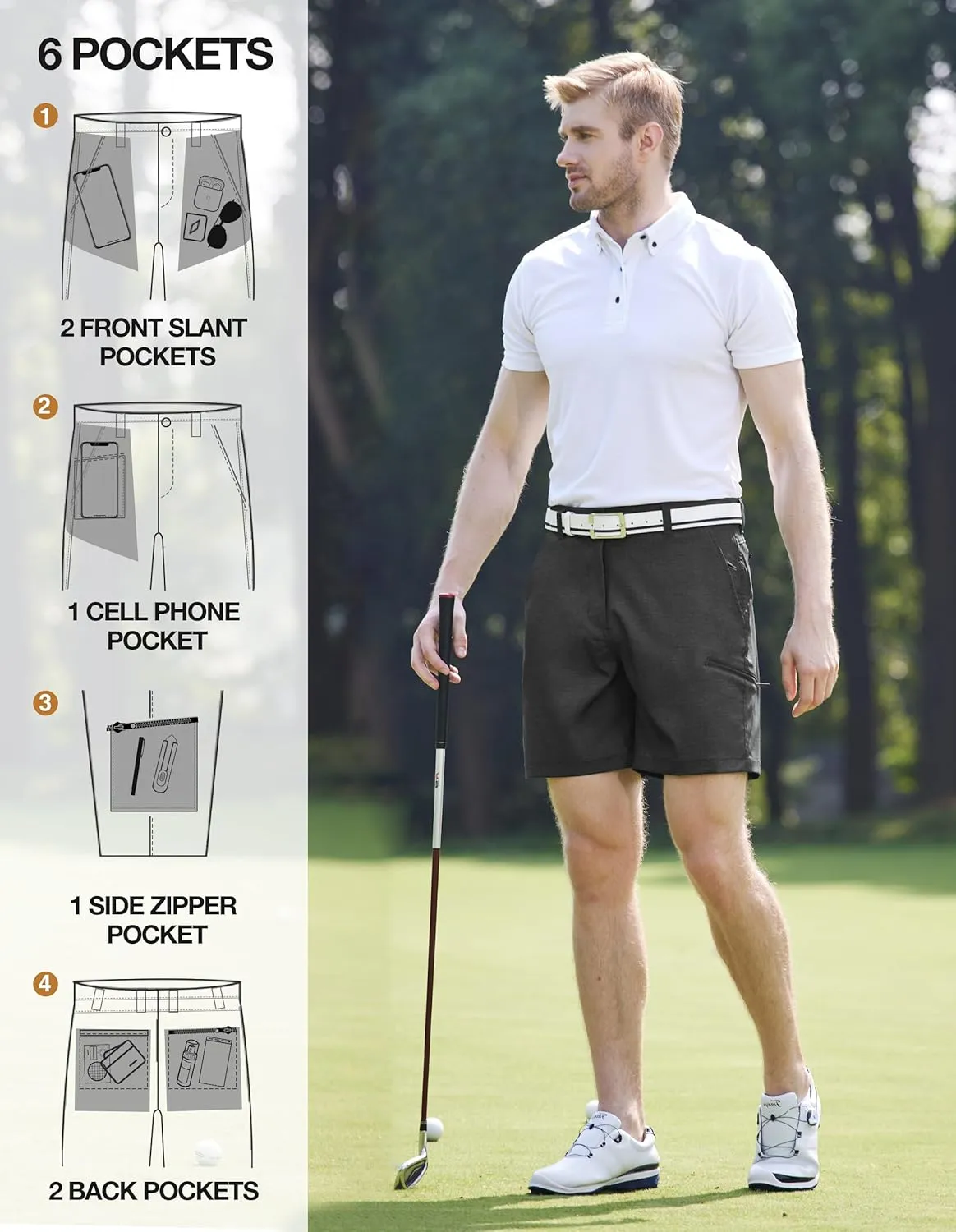 PULI Mens Golf Hybrid Shorts 7 Inch Dress Stretch Hiking Flat Front Quick Dry Lightweight Board Casual Shorts with Pockets