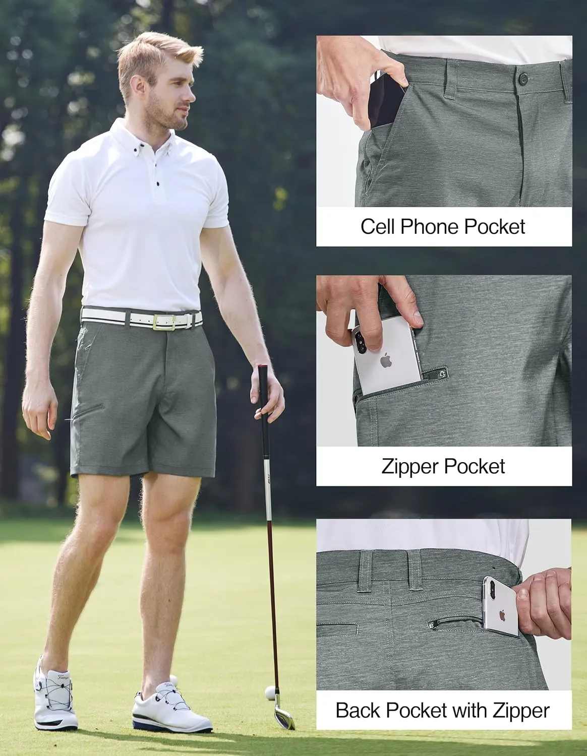 PULI Mens Golf Hybrid Shorts 7 Inch Dress Stretch Hiking Flat Front Quick Dry Lightweight Board Casual Shorts with Pockets