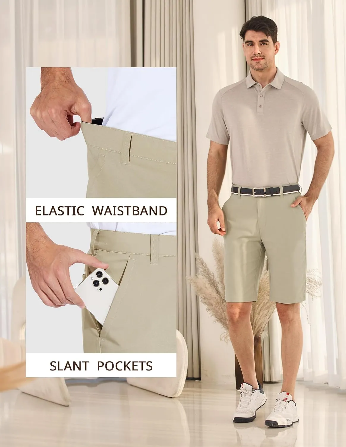 PULI Men's Stretch Golf Short Quick Dry Dress Casual Lightweight Flat Front 10" Summer Hybrid Shorts with Pockets
