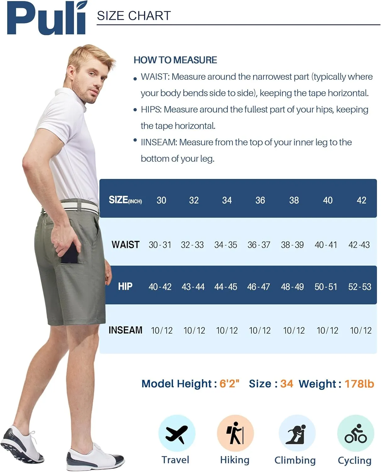 PULI Men's Stretch Golf Short Quick Dry Dress Casual Lightweight Flat Front 10" Summer Hybrid Shorts with Pockets