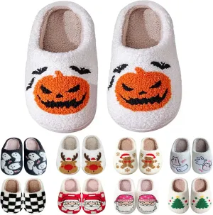 Pumpkin Halloween Slippers for Women Bat Fuzzy House Shoes Outdoor Indoor Warm Plush Memory Foam Men Bedroom Shoe