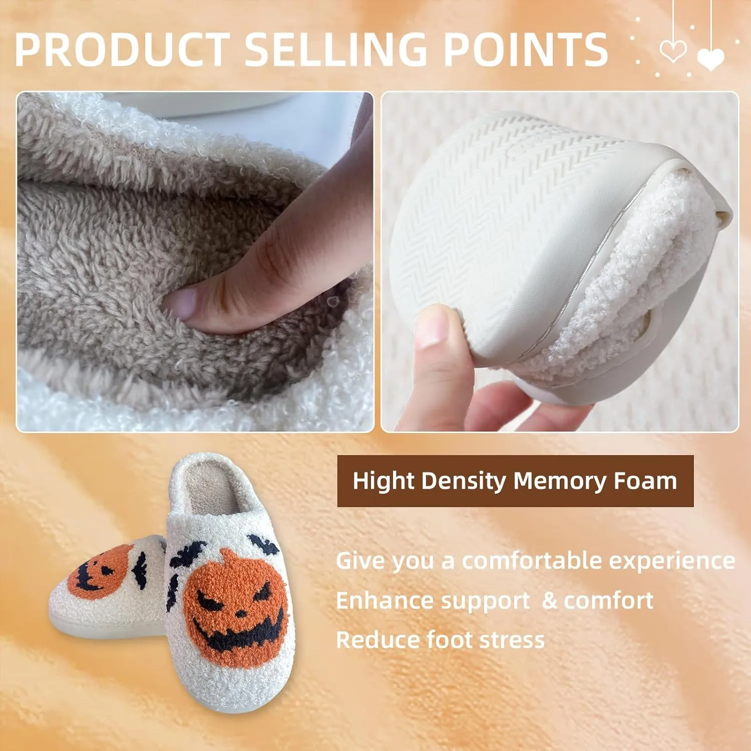 Pumpkin Halloween Slippers for Women Bat Fuzzy House Shoes Outdoor Indoor Warm Plush Memory Foam Men Bedroom Shoe