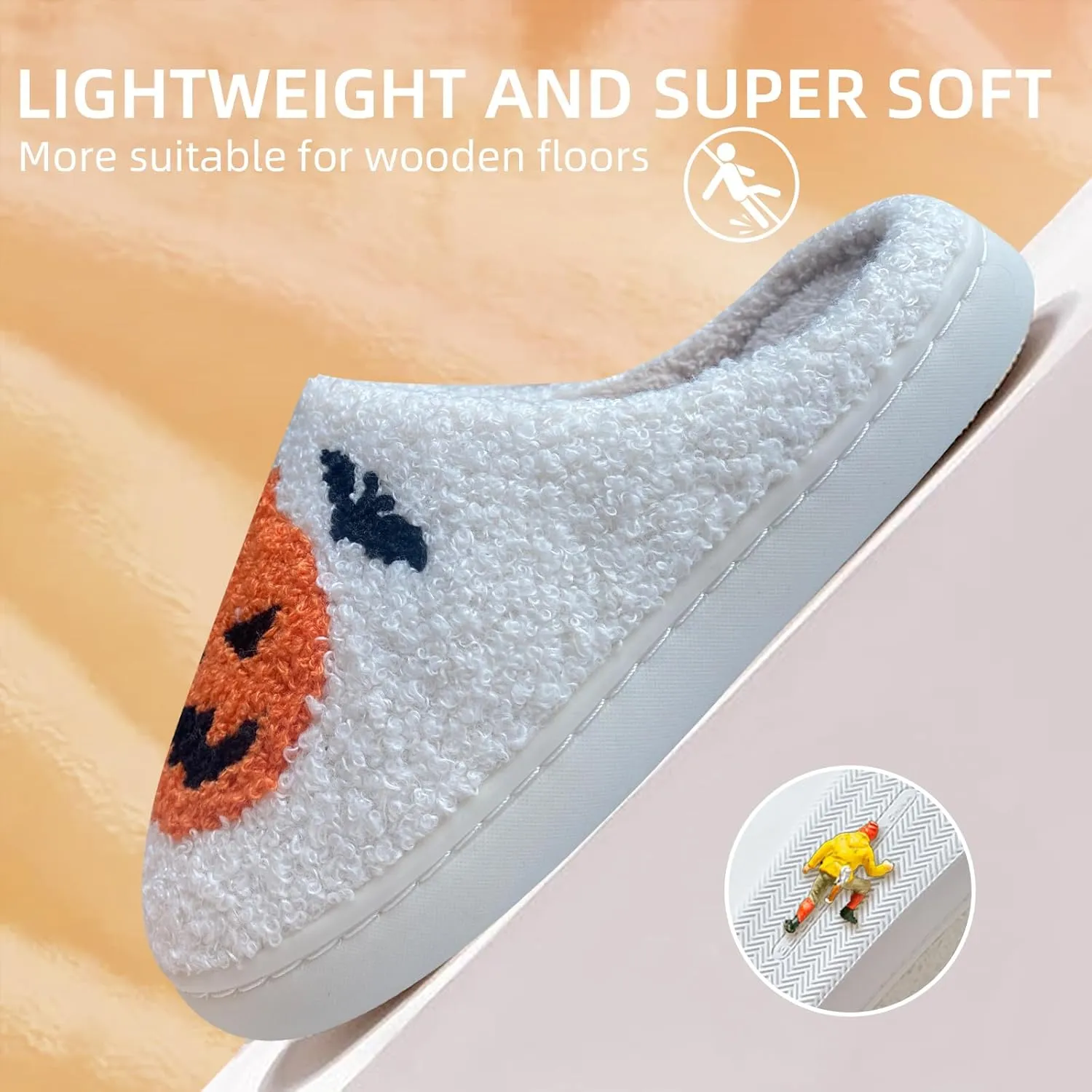 Pumpkin Halloween Slippers for Women Bat Fuzzy House Shoes Outdoor Indoor Warm Plush Memory Foam Men Bedroom Shoe