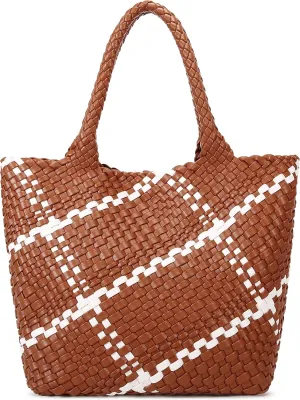 Queenoris Fashion Woven Tote Bag for Women, Shopper Bag Soft Vegan Leather Hand-woven Handbag with Purse