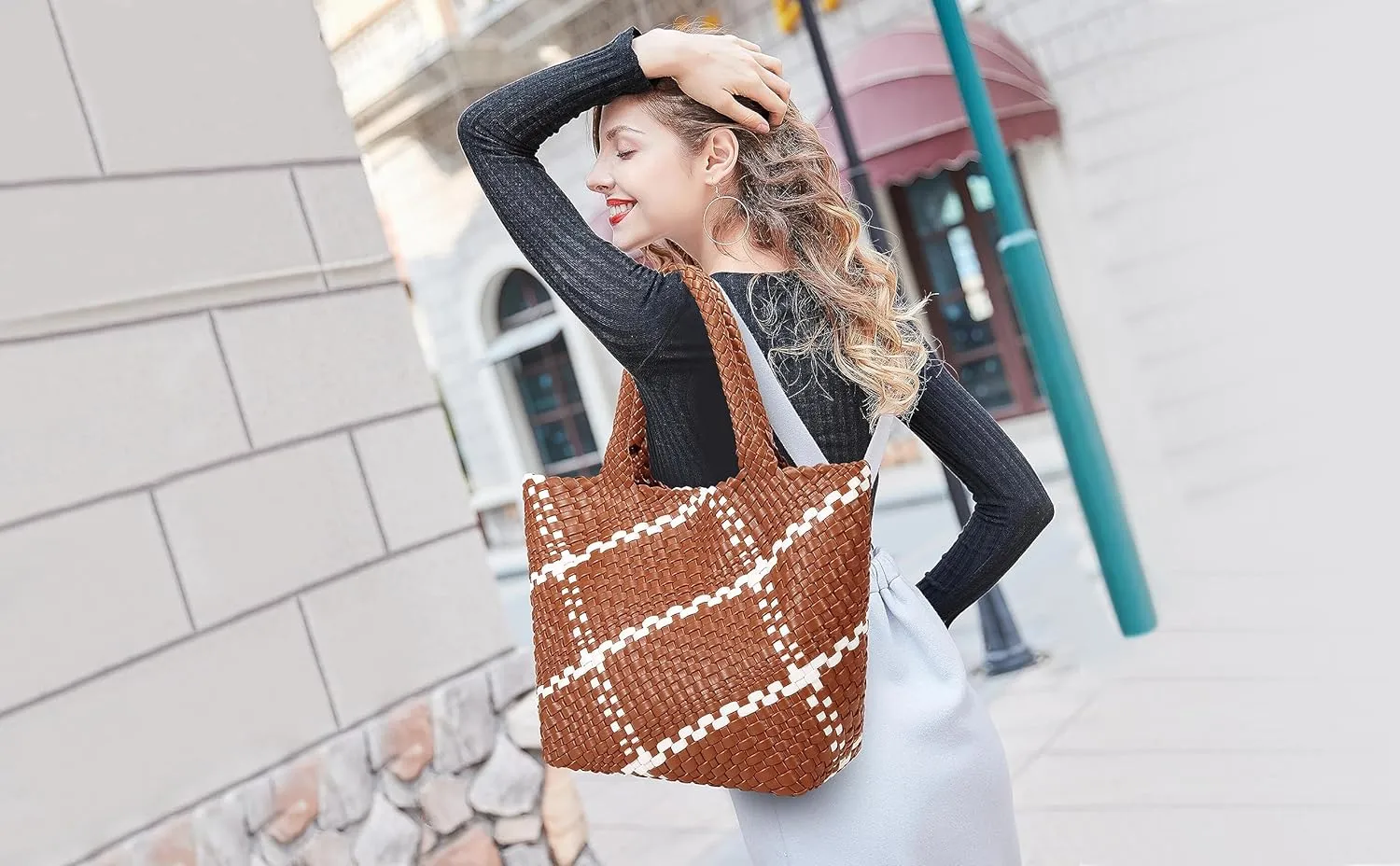 Queenoris Fashion Woven Tote Bag for Women, Shopper Bag Soft Vegan Leather Hand-woven Handbag with Purse