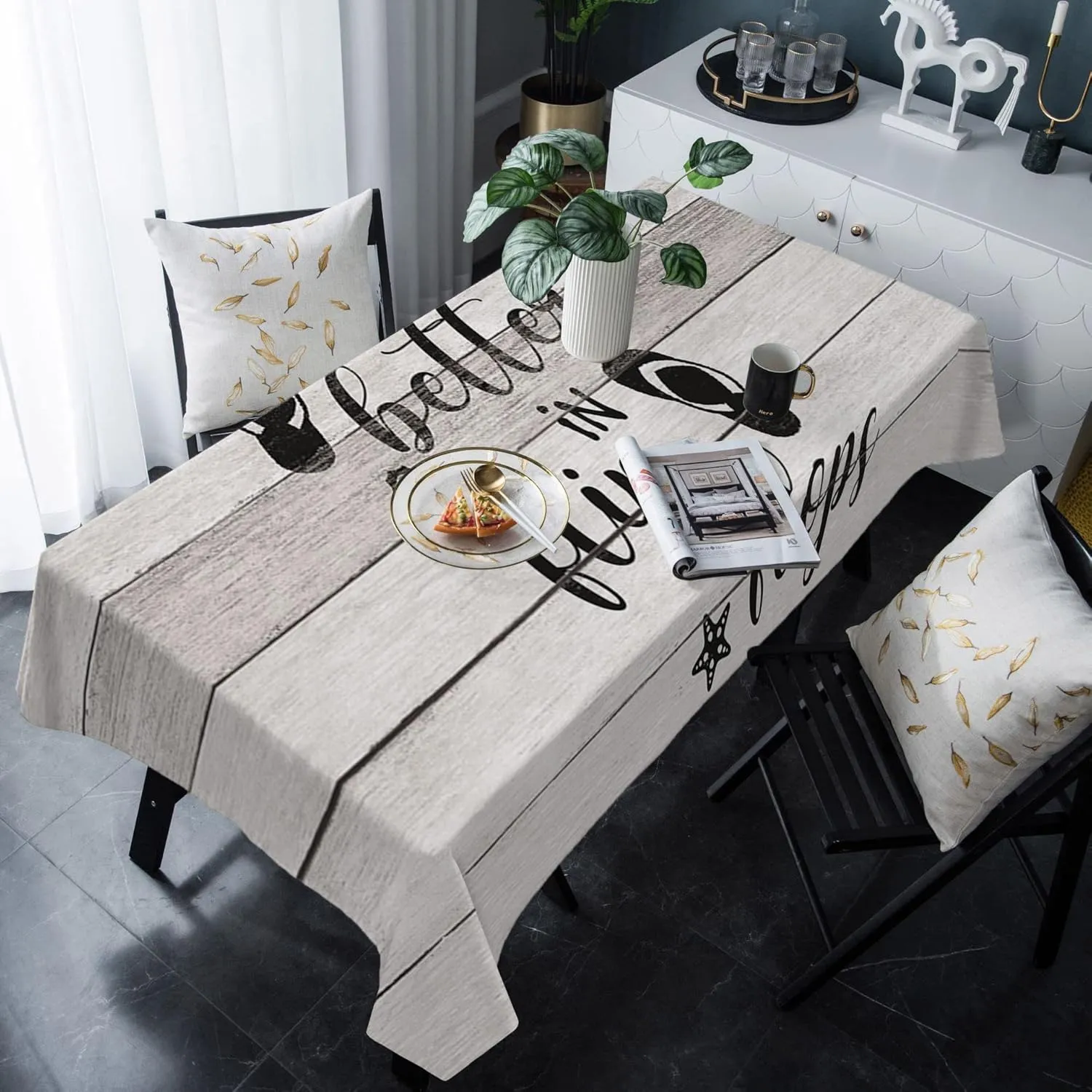 Rectangle Tablecloth Waterproof Spillproof Table Cloths,Summer Ocean Beach Black Slipper Wood Plank Wipeable Table Cover for Kitchen Dining Camping Indoor Outdoor Tables 60" x 120",Seashell