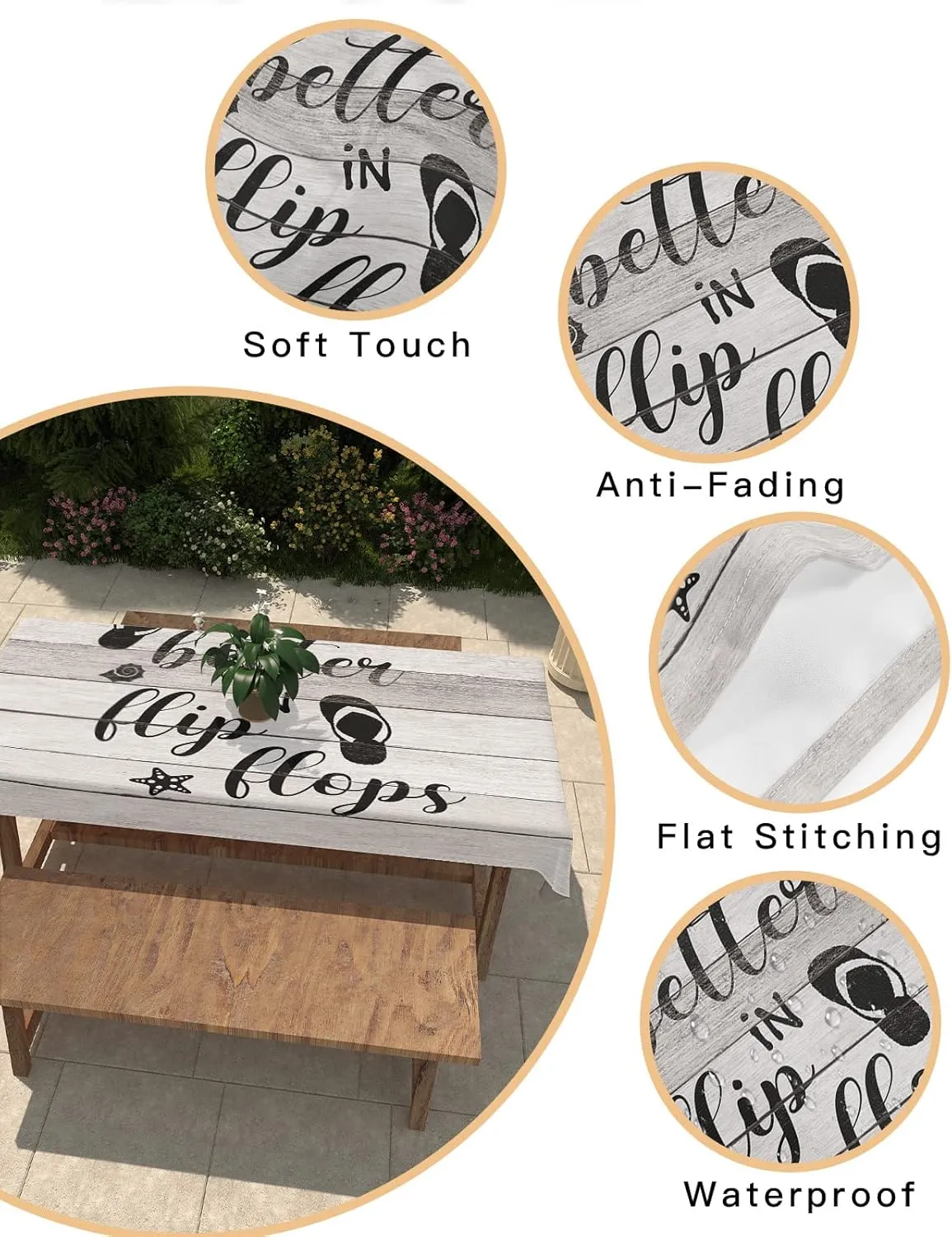 Rectangle Tablecloth Waterproof Spillproof Table Cloths,Summer Ocean Beach Black Slipper Wood Plank Wipeable Table Cover for Kitchen Dining Camping Indoor Outdoor Tables 60" x 120",Seashell