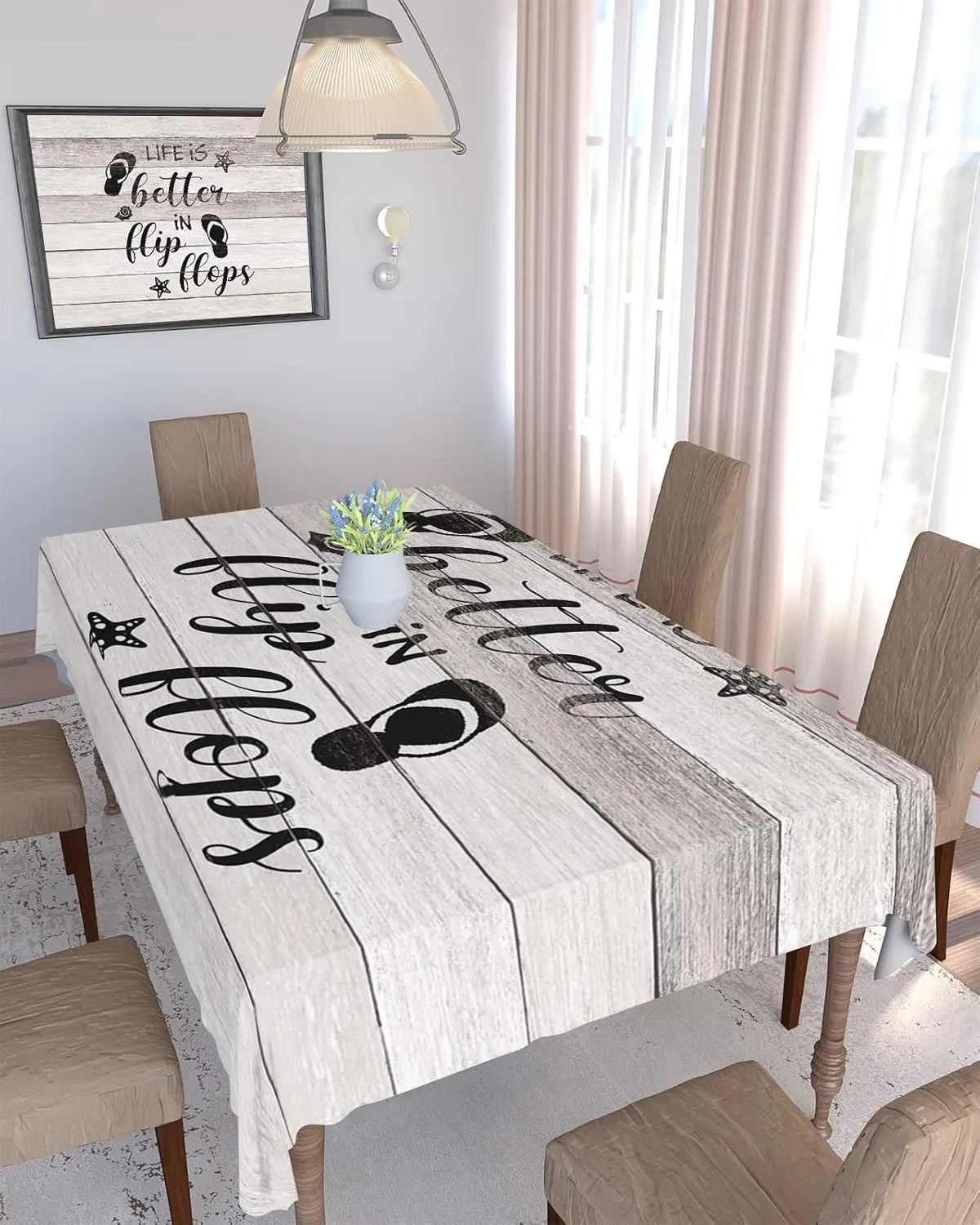 Rectangle Tablecloth Waterproof Spillproof Table Cloths,Summer Ocean Beach Black Slipper Wood Plank Wipeable Table Cover for Kitchen Dining Camping Indoor Outdoor Tables 60" x 120",Seashell