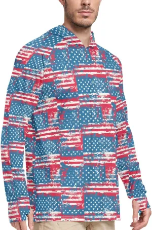 Retro American Flag Men's Sun Protection Hoodie Long Sleeve Sun Shirt with Hood UPF 50  Fishing Shirts Mens Rash Guard UV