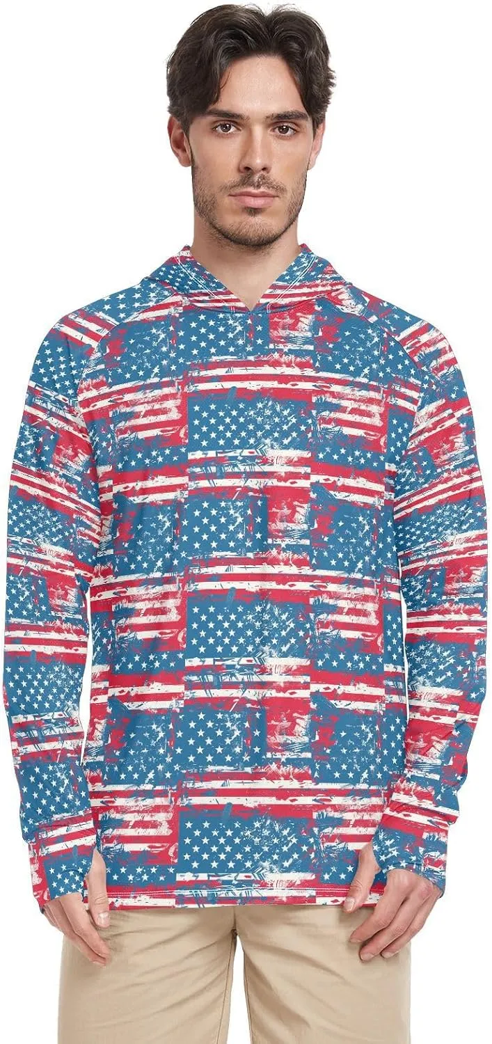 Retro American Flag Men's Sun Protection Hoodie Long Sleeve Sun Shirt with Hood UPF 50  Fishing Shirts Mens Rash Guard UV