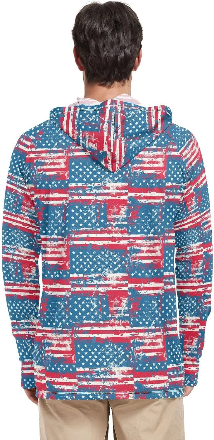 Retro American Flag Men's Sun Protection Hoodie Long Sleeve Sun Shirt with Hood UPF 50  Fishing Shirts Mens Rash Guard UV