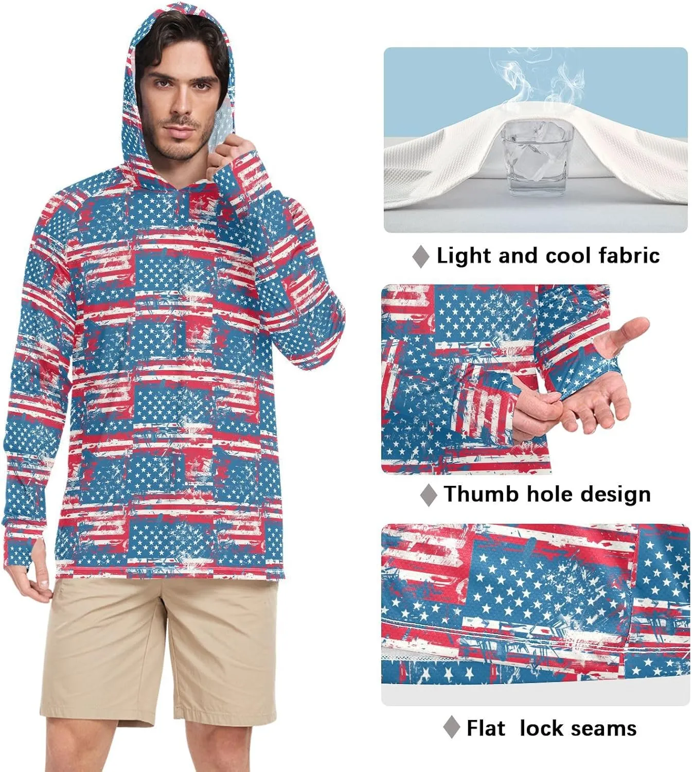 Retro American Flag Men's Sun Protection Hoodie Long Sleeve Sun Shirt with Hood UPF 50  Fishing Shirts Mens Rash Guard UV