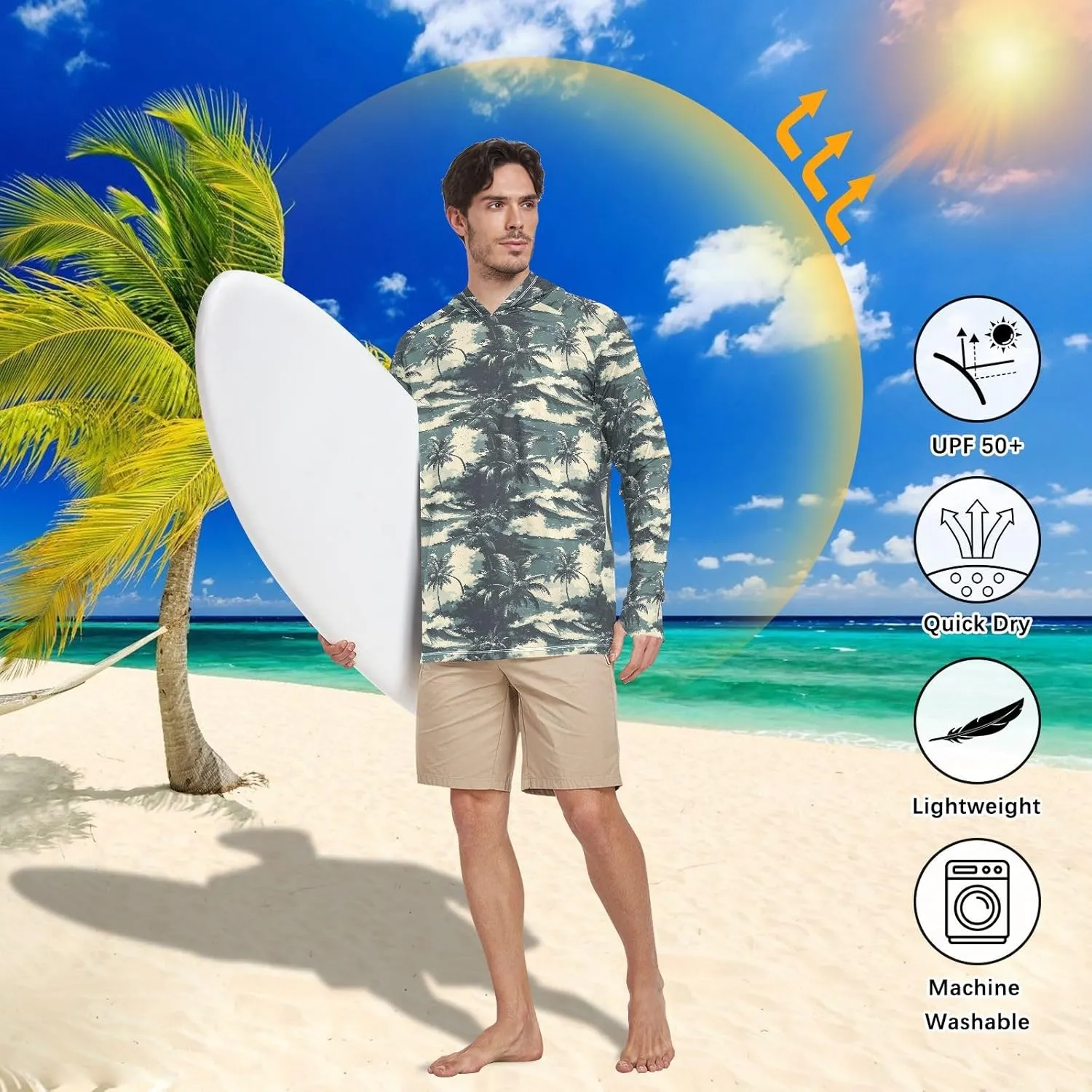 Retro Hawaii Tropical Men's Sun Protection Hoodie Long Sleeve UPF 50 Mens Sun Shirt Cooling Hoodies UV Rash Guard with Hood