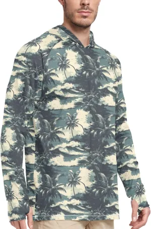 Retro Hawaii Tropical Men's Sun Protection Hoodie Long Sleeve UPF 50 Mens Sun Shirt Cooling Hoodies UV Rash Guard with Hood