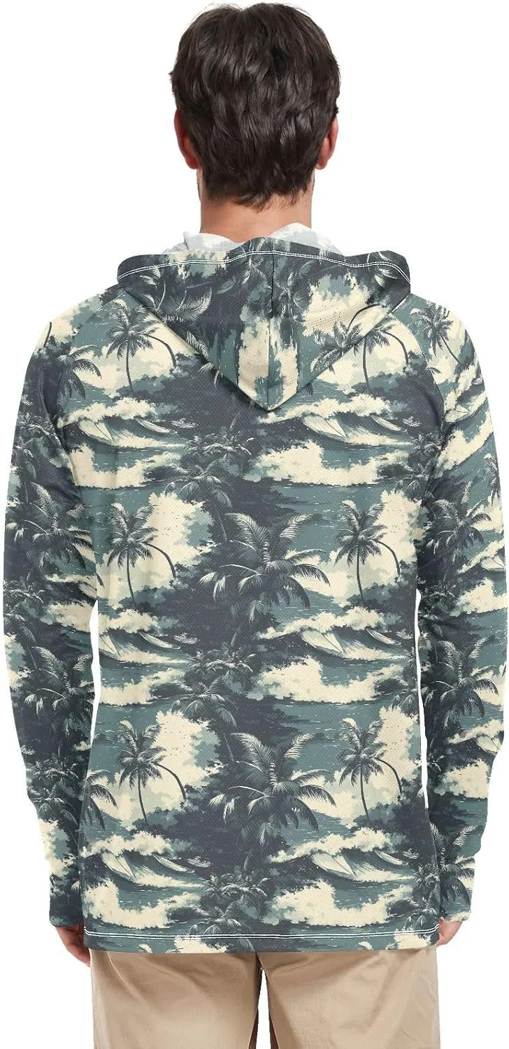 Retro Hawaii Tropical Men's Sun Protection Hoodie Long Sleeve UPF 50 Mens Sun Shirt Cooling Hoodies UV Rash Guard with Hood