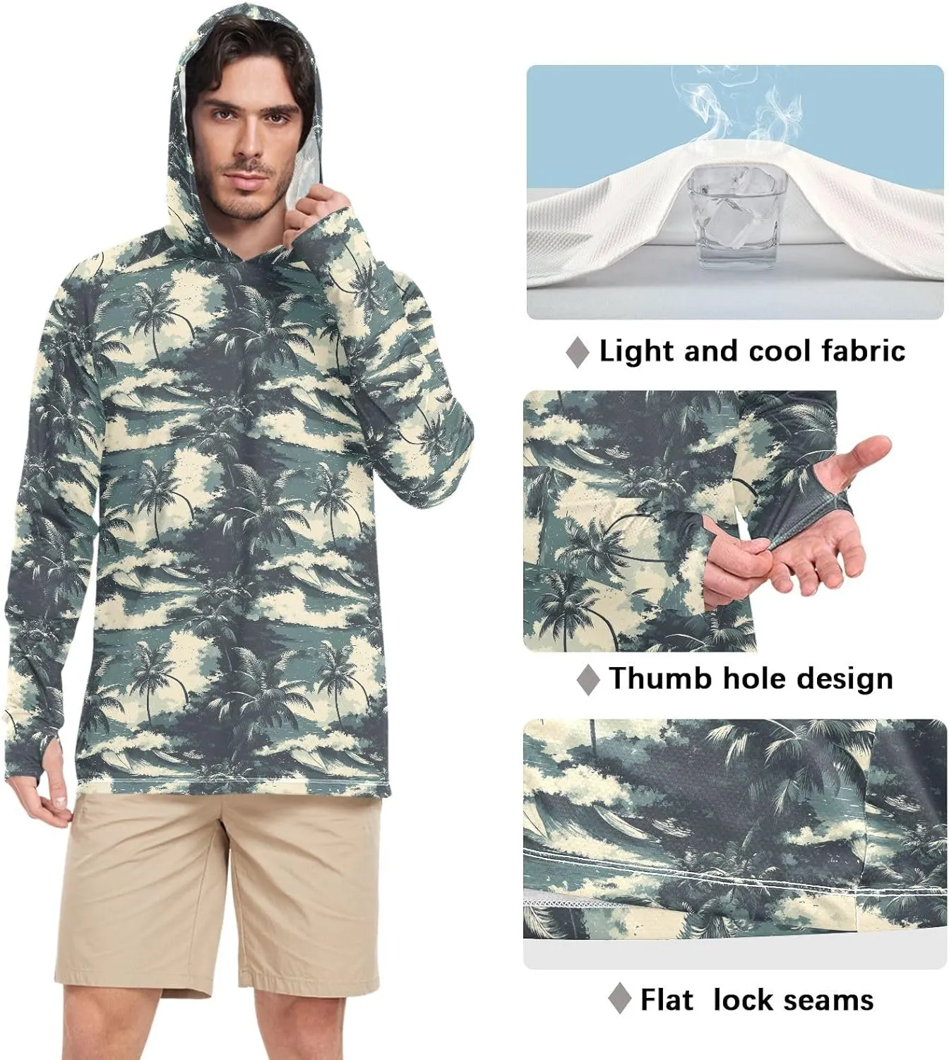 Retro Hawaii Tropical Men's Sun Protection Hoodie Long Sleeve UPF 50 Mens Sun Shirt Cooling Hoodies UV Rash Guard with Hood