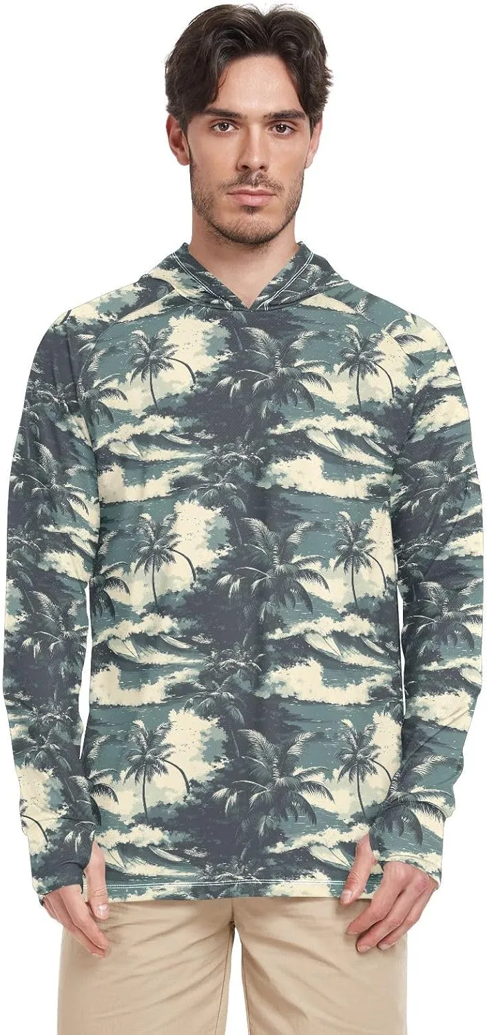 Retro Hawaii Tropical Men's Sun Protection Hoodie Long Sleeve UPF 50 Mens Sun Shirt Cooling Hoodies UV Rash Guard with Hood