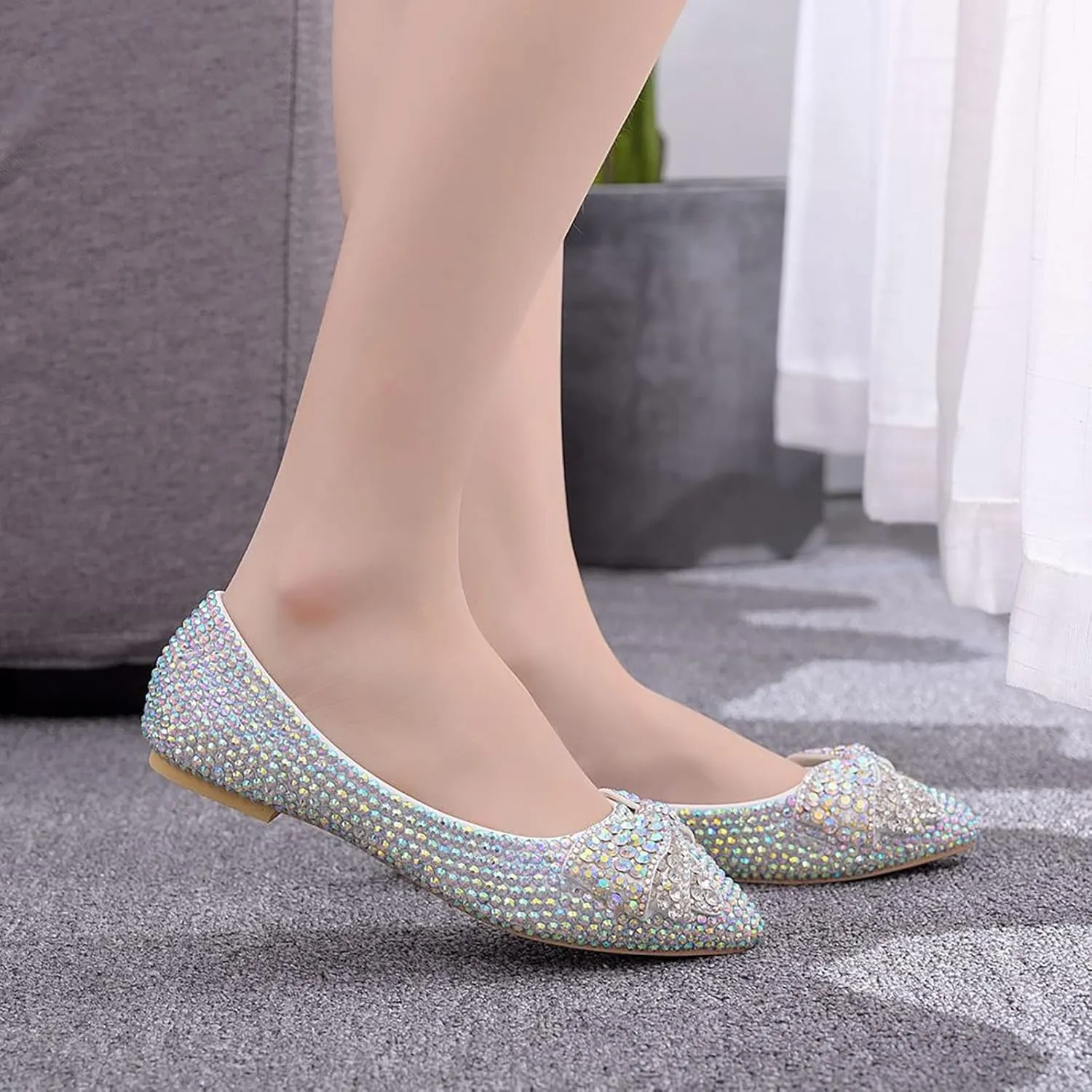 Rhinestones Bow Decoration Women's Flat Bottom Pointed Toe One Step Flat Bottom Shoes