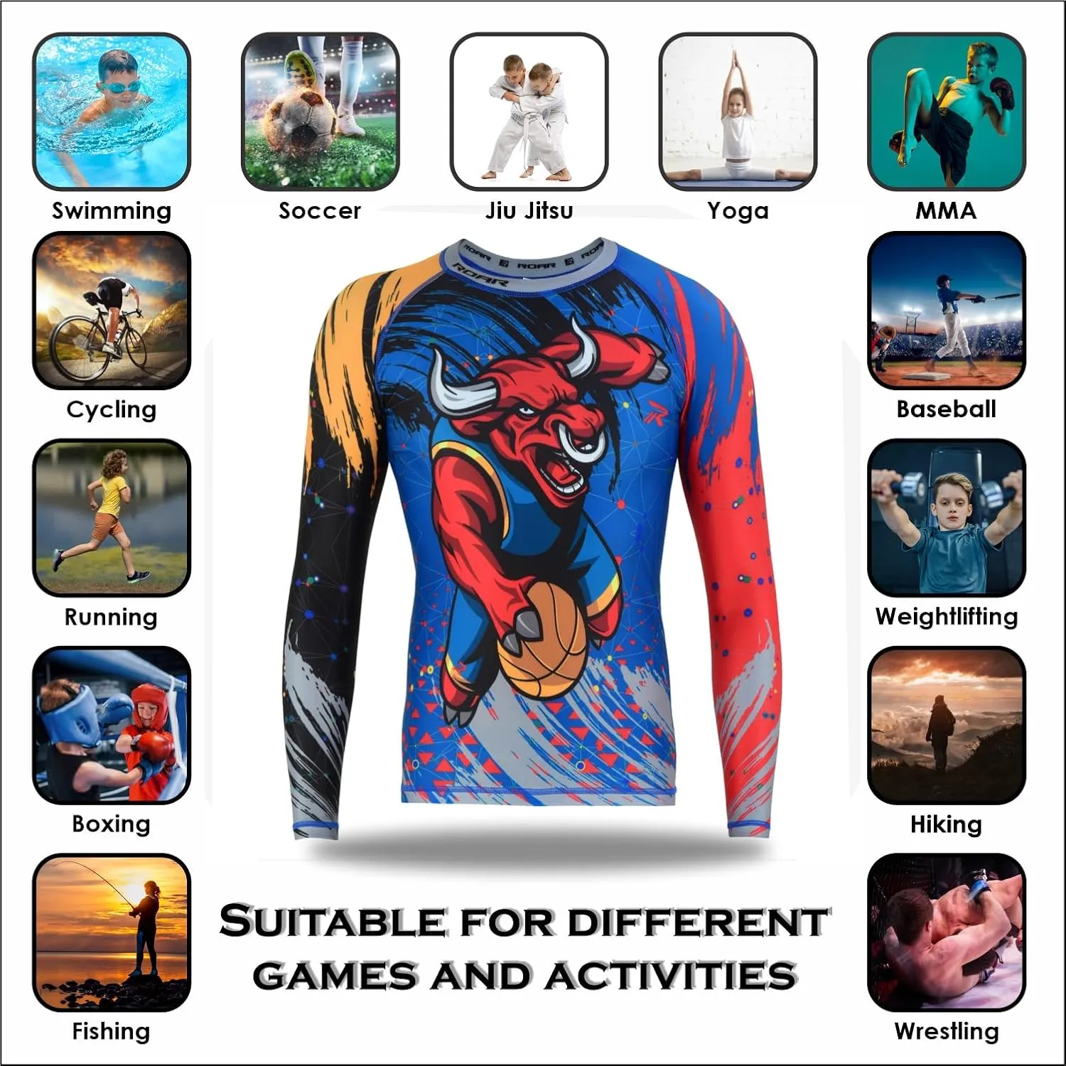 Roar BJJ Kid's MMA Rash Guard Training No-Gi and Gi Jiu Jitsu Rashguard MMA Grappling Compression Shirts Wrestling