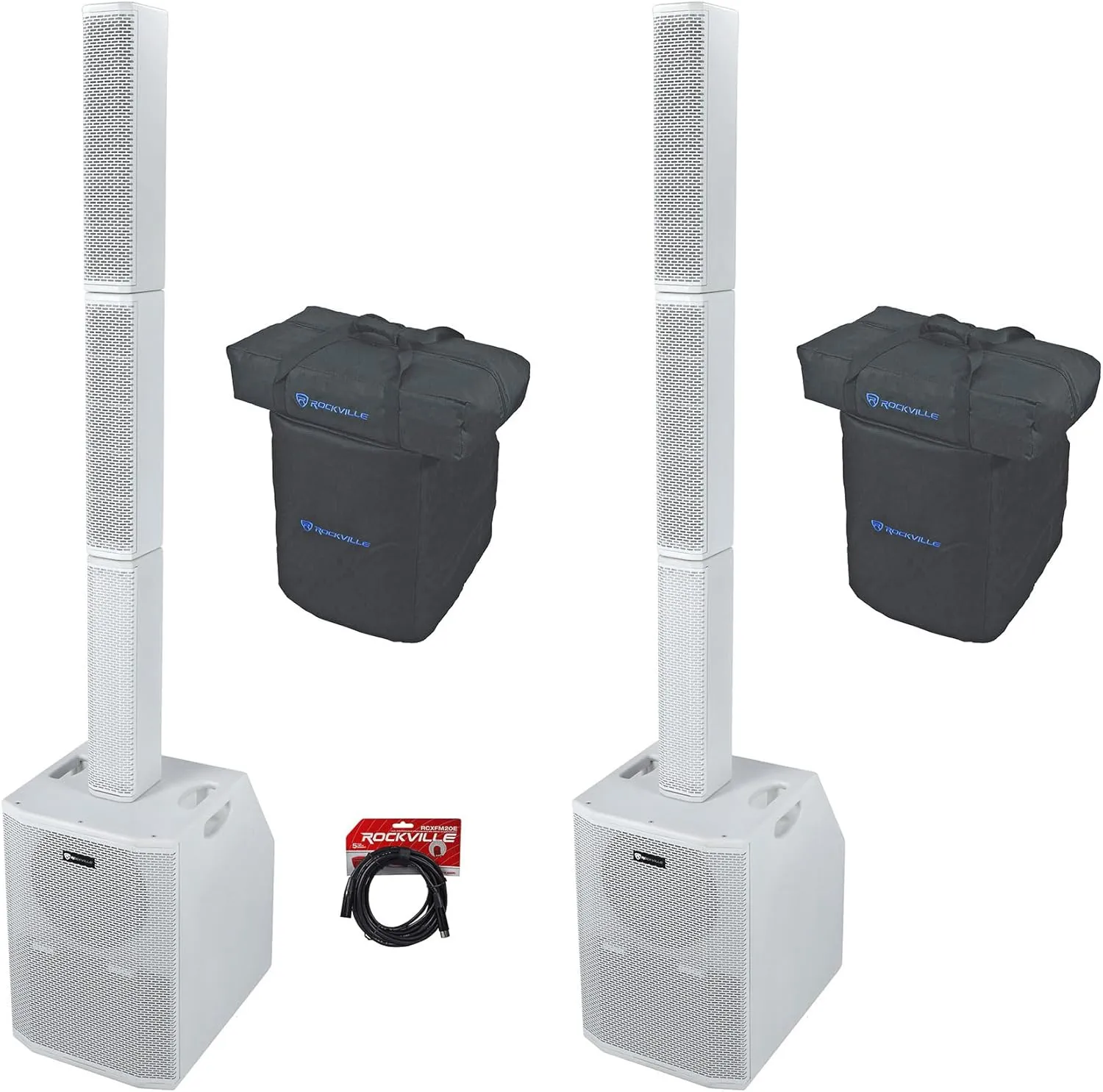 Rockville Bundle: (2) Titan Array System White Pro Powered Column Array Speakers with Dual 10" Subwoofers Bundle with RCXFM20E-B 20 Ft XLR Mic Cable (2 Items)