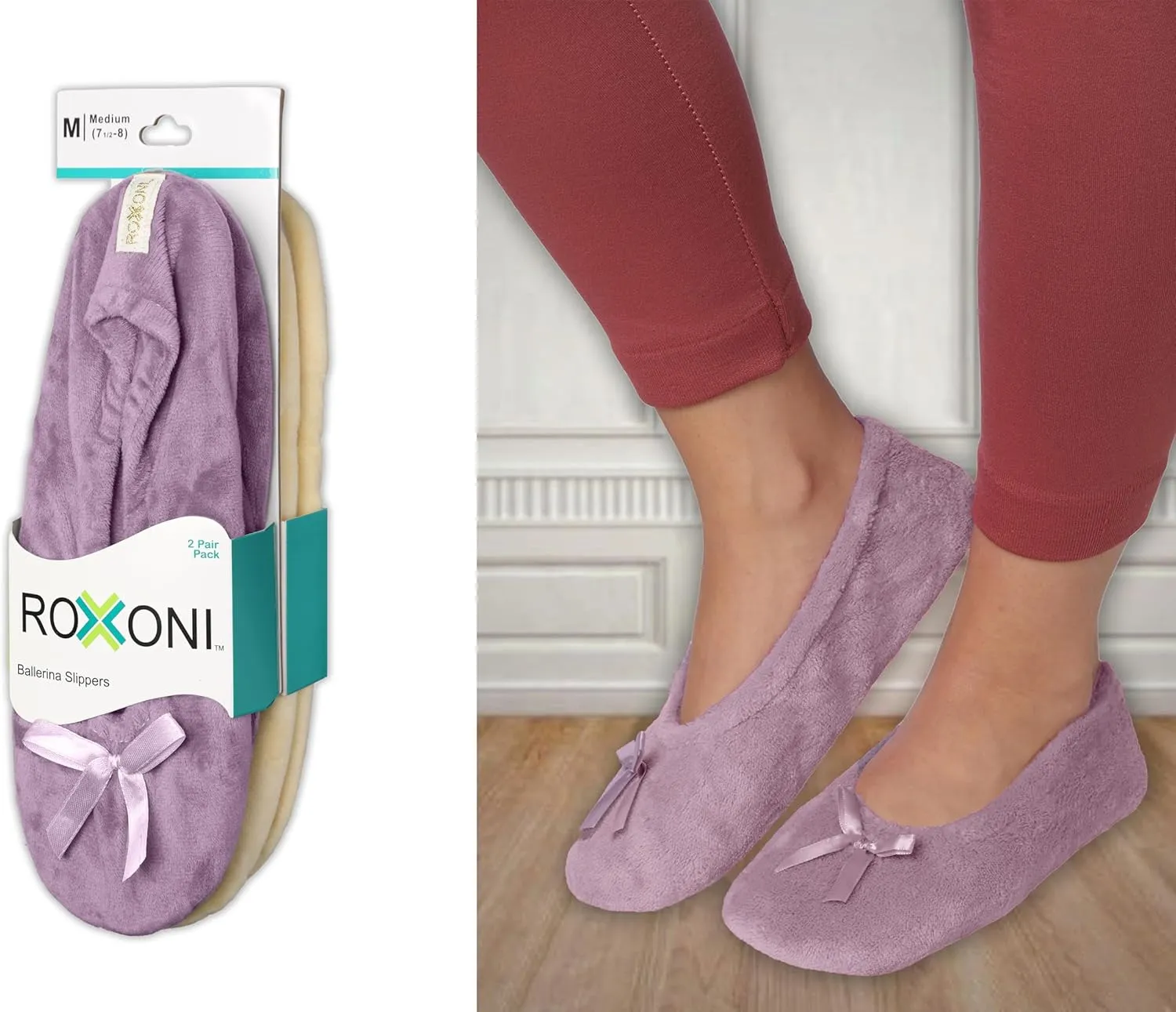 Roxoni Women's Terry Classic Cotton & Velour Ballerina Slippers (Pack of 2)