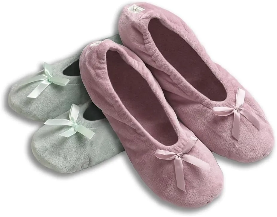 Roxoni Women's Terry Classic Cotton & Velour Ballerina Slippers (Pack of 2)
